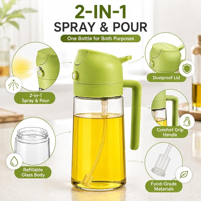 Oil Spray Bottle for Cooking – Sprayer & Dispenser for Kitchen Use, Air Fryer, BBQ, Salad, Dosa, and Frying | Refillable Mister Bottle | Multicolor (2 in 1 Oil Sprayer and Dispenser Bottle)