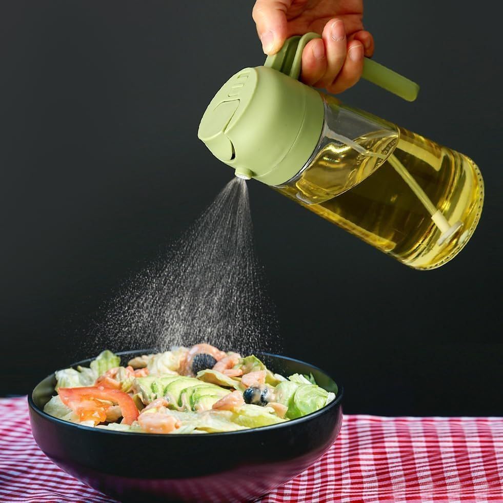 Oil Spray Bottle for Cooking – Sprayer & Dispenser for Kitchen Use, Air Fryer, BBQ, Salad, Dosa, and Frying | Refillable Mister Bottle | Multicolor (2 in 1 Oil Sprayer and Dispenser Bottle)