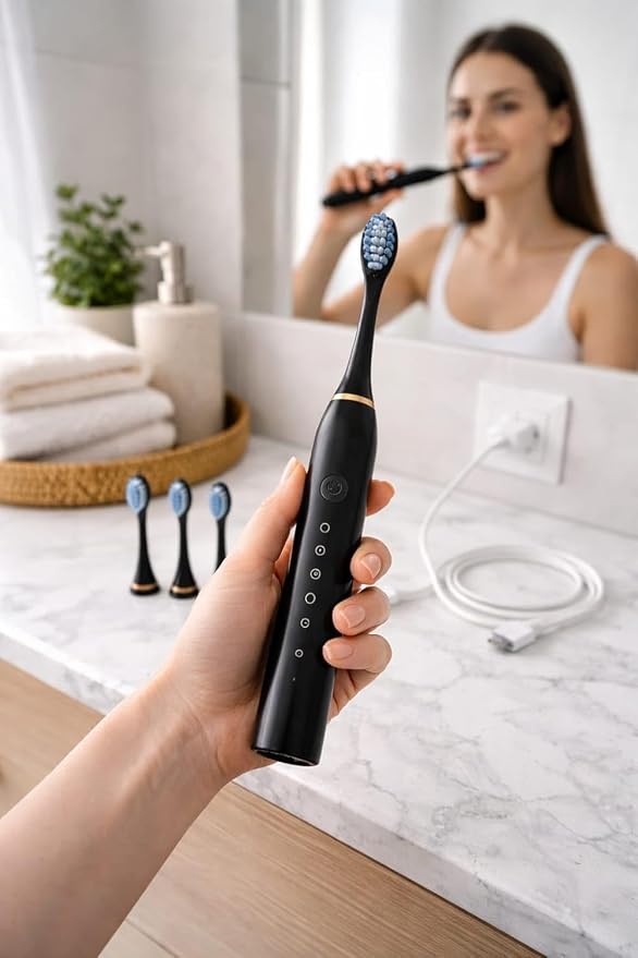 Sonic Electric Toothbrush for Adults & Kids | 5 Cleaning Modes | 34000 Strokes/Min | USB Rechargeable | 4 Brush Heads | Waterproof IPX7 | Deep Cleaning Electric Tooth Brush (BLACK COLOUR)