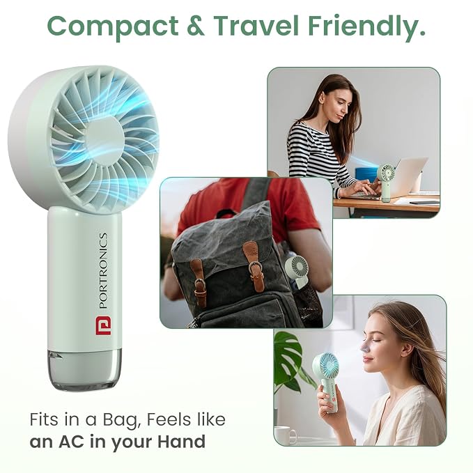 Portronics Toofan Mini 2 Rechargeable Personal Hand Fan with 4000mAh Battery, Up to 6000 RPM High-Speed Airflow, 5 Speed Levels, BLDC Motor, Type-C Charging, For Travel, Office, Makeup & Outdoor