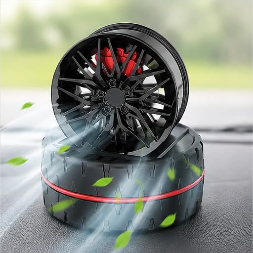 ABUNDANCE Solar Rotating Alloy Wheel Car Perfume | Solar Powered Aromatherapy Air Freshener for Car Dashboard | Luxury Alloy Rim Design | Perfume Oil & Dropper | Dark Copper Colour