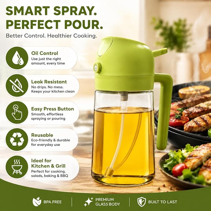 Oil Spray Bottle for Cooking – Sprayer & Dispenser for Kitchen Use, Air Fryer, BBQ, Salad, Dosa, and Frying | Refillable Mister Bottle | Multicolor (2 in 1 Oil Sprayer and Dispenser Bottle)