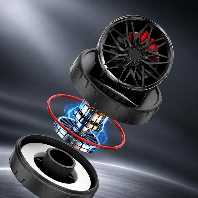 ABUNDANCE Solar Rotating Alloy Wheel Car Perfume | Solar Powered Aromatherapy Air Freshener for Car Dashboard | Luxury Alloy Rim Design | Perfume Oil & Dropper | Dark Copper Colour