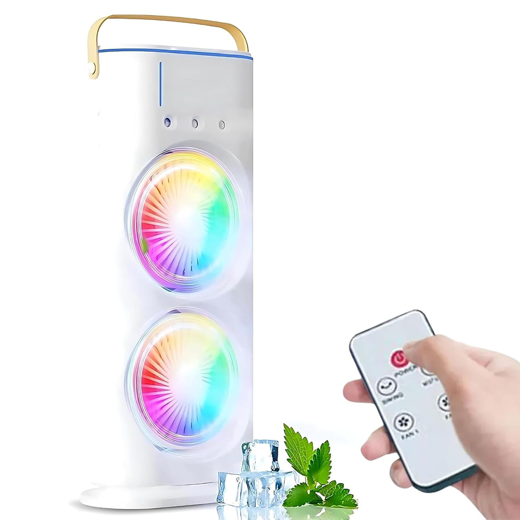 Portable Double Ended Spray Fan with Misting | USB Rechargeable Mini Air Cooler with LED Light | Touch & Remote Control | 3 Speed Cooling Fan with 280ml Water Tank (Multi color) (S14)