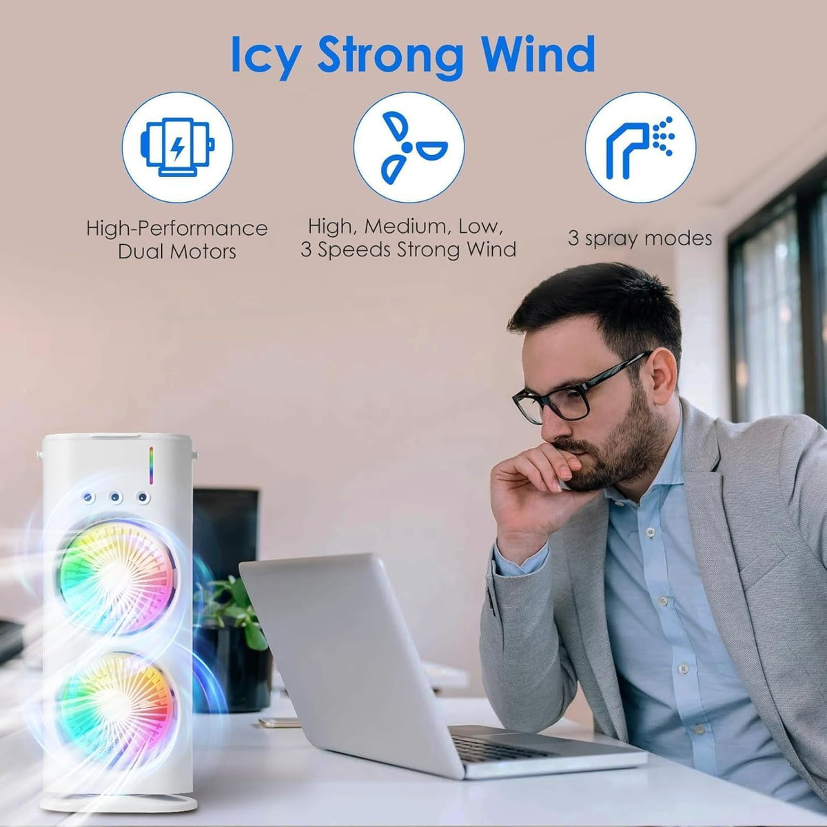 Portable Double Ended Spray Fan with Misting | USB Rechargeable Mini Air Cooler with LED Light | Touch & Remote Control | 3 Speed Cooling Fan with 280ml Water Tank (Multi color) (S14)