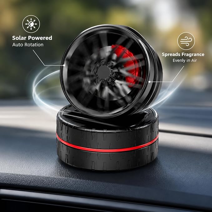 ABUNDANCE Solar Rotating Alloy Wheel Car Perfume | Solar Powered Aromatherapy Air Freshener for Car Dashboard | Luxury Alloy Rim Design | Perfume Oil & Dropper | Dark Copper Colour