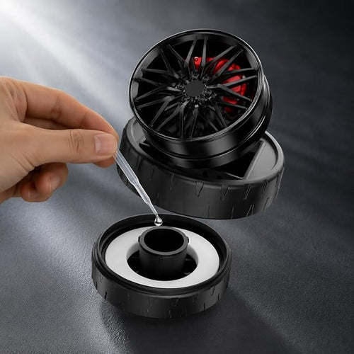ABUNDANCE Solar Rotating Alloy Wheel Car Perfume | Solar Powered Aromatherapy Air Freshener for Car Dashboard | Luxury Alloy Rim Design | Perfume Oil & Dropper | Dark Copper Colour